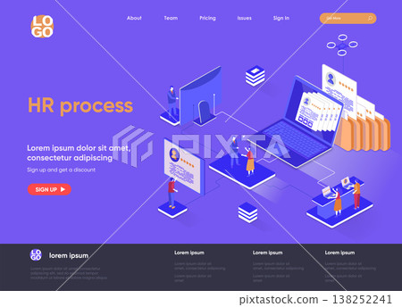 HR process isometric landing page. Human resource management and staff headhunting isometry concept. Study CV of candidates in recruiting agency web page. Vector illustration with people characters. HR process isometric landing page. Human resource management and staff headhunting isometry concept. Study CV of candidates in recruiting agency web page. Vector illustration with people characters. 138252241