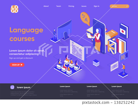 Language courses isometric landing page. Online language tutors, teaching service isometry concept. E-learning platform, distance education flat web page. Vector illustration with people characters. 138252242