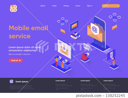 Mobile email service isometric landing page. Email smartphone app, social network messaging isometry concept. Online people communication software web page. Vector illustration with people characters. 138252245