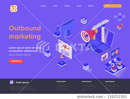 Outbound marketing isometric landing page. Online advertising and promotion in social media isometry concept. Outbound marketing activities flat web page. Vector illustration with people characters. Outbound marketing isometric landing page. Online advertising and promotion in social media isometry concept. Outbound marketing activities flat web page. Vector illustration with people characters. 138252301
