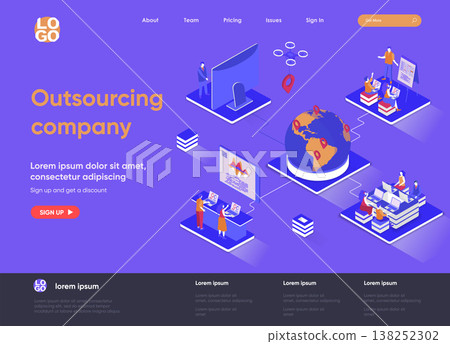 Outsourcing company isometric landing page. Remote workforce and freelancers recruiting isometry concept. Outsourcing software development service web page. Vector illustration with people characters. Outsourcing company isometric landing page. Remote workforce and freelancers recruiting isometry concept. Outsourcing software development service web page. Vector illustration with people characters. 138252302