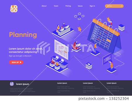 Planning isometric landing page. Business planning, organizing work activities and tasks isometry concept. Time management and high productivity flat design. Vector illustration with people characters Planning isometric landing page. Business planning, organizing work activities and tasks isometry concept. Time management and high productivity flat design. Vector illustration with people characters 138252304
