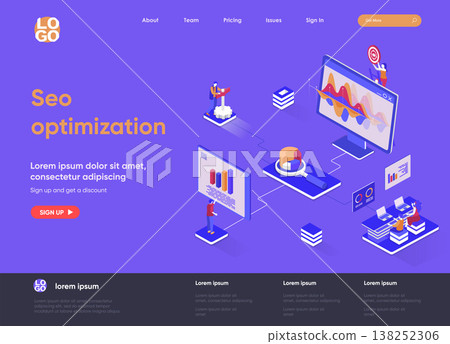 Seo optimization isometric landing page design. Internet analytics, online research software isometry concept. Website optimization for relevant searches. Vector illustration with people characters. Seo optimization isometric landing page design. Internet analytics, online research software isometry concept. Website optimization for relevant searches. Vector illustration with people characters. 138252306