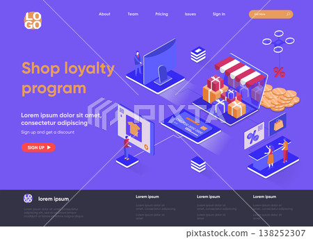 Shop loyalty program isometric landing page. Marketing strategy of attracting and retaining customers isometry concept. Online retail loyalty flat web page. Vector illustration with people characters. Shop loyalty program isometric landing page. Marketing strategy of attracting and retaining customers isometry concept. Online retail loyalty flat web page. Vector illustration with people characters. 138252307
