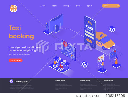 Taxi booking isometric landing page design. Taxi mobile application isometry concept. Online booking service of passenger transportation flat web page. Vector illustration with people characters. Taxi booking isometric landing page design. Taxi mobile application isometry concept. Online booking service of passenger transportation flat web page. Vector illustration with people characters. 138252308