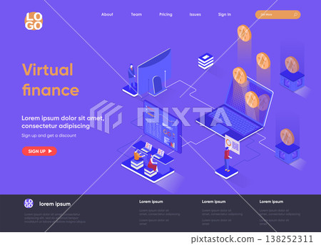 Virtual finance isometric landing page. Internet banking service, financial management isometry concept. Online money transaction and payment flat web page. Vector illustration with people characters. 138252311