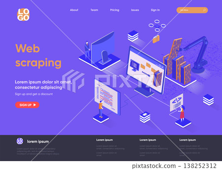 Web scraping isometric landing page. Process of automatic collecting and parsing raw data from web isometry concept. Data extraction software flat design. Vector illustration with people characters. 138252312