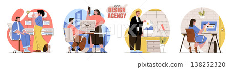 Your Design Agency concept scenes set. Designers develop interface of websites, make layout, select color palette. Collection of people activities. Vector illustration of characters in flat design Your Design Agency concept scenes set. Designers develop interface of websites, make layout, select color palette. Collection of people activities. Vector illustration of characters in flat design 138252320