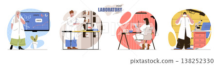 Your Laboratory concept scenes set. Scientists do scientific research or experiments, making lab tests at microscope. Collection of people activities. Vector illustration of characters in flat design Your Laboratory concept scenes set. Scientists do scientific research or experiments, making lab tests at microscope. Collection of people activities. Vector illustration of characters in flat design 138252330