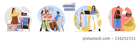 Your Language Course concept scenes set. Students learn English in classroom, study with tutor, work at workshops. Collection of people activities. Vector illustration of characters in flat design Your Language Course concept scenes set. Students learn English in classroom, study with tutor, work at workshops. Collection of people activities. Vector illustration of characters in flat design 138252331