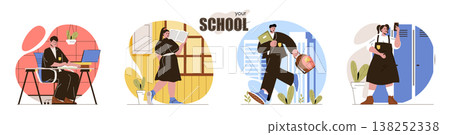 Your School concept scenes set. Pupils in school uniforms rush to class, study lessons, do homework. Students study. Collection of people activities. Vector illustration of characters in flat design Your School concept scenes set. Pupils in school uniforms rush to class, study lessons, do homework. Students study. Collection of people activities. Vector illustration of characters in flat design 138252338