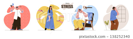 This is Stress concept scenes set. Exhausted men and women going through crisis time. Negative emotions expression. Collection of people activities. Vector illustration of characters in flat design 138252340