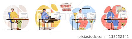 Your Support Center concept scenes set. Helpdesk operators in headset help customers, work in call center or hotline. Collection of people activities. Vector illustration of characters in flat design Your Support Center concept scenes set. Helpdesk operators in headset help customers, work in call center or hotline. Collection of people activities. Vector illustration of characters in flat design 138252341