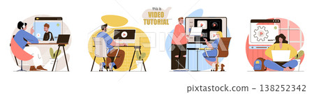 This is Video Tutorial concept scenes set. Men and women watching videos, learning online, training new skills. Collection of people activities. Vector illustration of characters in flat design This is Video Tutorial concept scenes set. Men and women watching videos, learning online, training new skills. Collection of people activities. Vector illustration of characters in flat design 138252342