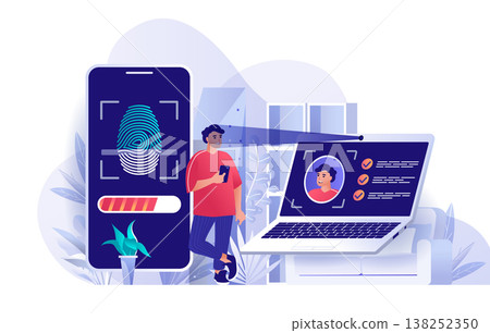 Biometric access control concept in flat design. User identification by face recognition and fingerprint scene template. Man access to his account. Vector illustration of people characters activities Biometric access control concept in flat design. User identification by face recognition and fingerprint scene template. Man access to his account. Vector illustration of people characters activities 138252350