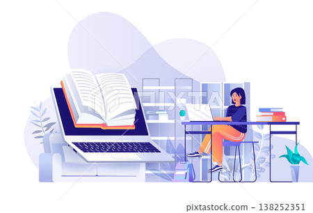 Online reading concept in flat design. E-books and online education scene template. Woman reads book from laptop screen, student studying at home. Vector illustration of people characters activities 138252351