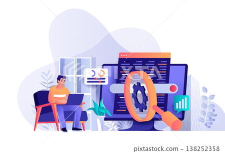 Seo optimization concept in flat design. Setting up search engine scene template. Man works on laptop, promotes website, increases traffic ranking. Vector illustration of people characters activities Seo optimization concept in flat design. Setting up search engine scene template. Man works on laptop, promotes website, increases traffic ranking. Vector illustration of people characters activities 138252358