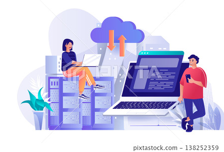 Hosting provider concept in flat design. Engineers working at server racks room scene template. Placement of website for business, tech support. Vector illustration of people characters activities Hosting provider concept in flat design. Engineers working at server racks room scene template. Placement of website for business, tech support. Vector illustration of people characters activities 138252359
