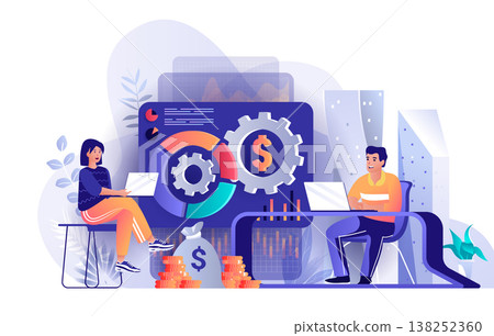 Financial management concept in flat design. Financial strategy to attract investment scene template. Team working in office, developing business. Vector illustration of people characters activities Financial management concept in flat design. Financial strategy to attract investment scene template. Team working in office, developing business. Vector illustration of people characters activities 138252360
