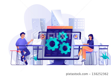 Developers team concept in flat design. Colleagues work together at project scene template. Man and woman develop, setting, testing, tech support. Vector illustration of people characters activities Developers team concept in flat design. Colleagues work together at project scene template. Man and woman develop, setting, testing, tech support. Vector illustration of people characters activities 138252362