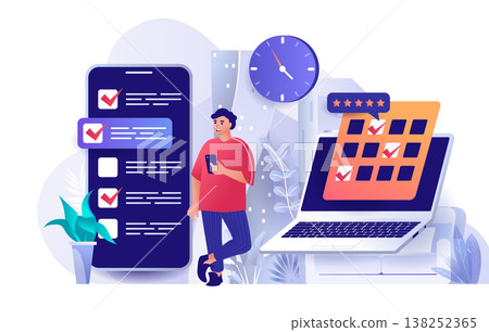 Planning concept in flat design. Time management scene template. Man organizes workflow, uses to-do lists, plans meetings on calendar, deadline. Vector illustration of people characters activities Planning concept in flat design. Time management scene template. Man organizes workflow, uses to-do lists, plans meetings on calendar, deadline. Vector illustration of people characters activities 138252365
