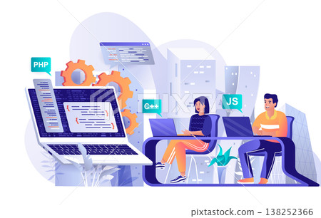 Programming software concept in flat design. Developers working on project scene template. Programmers working on laptops, coding code, developing. Vector illustration of people characters activities Programming software concept in flat design. Developers working on project scene template. Programmers working on laptops, coding code, developing. Vector illustration of people characters activities 138252366