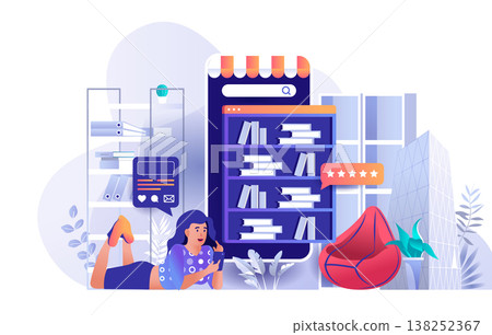 Online library concept in flat design. Bookshelves online store or e-books scene template. Woman reading from smartphone screen, education, leisure. Vector illustration of people characters activities Online library concept in flat design. Bookshelves online store or e-books scene template. Woman reading from smartphone screen, education, leisure. Vector illustration of people characters activities 138252367