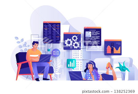 Freelance work concept in flat design. Freelancers or remote workers scene template. Man and woman working on laptops in comfortable environment. Vector illustration of people characters activities 138252369