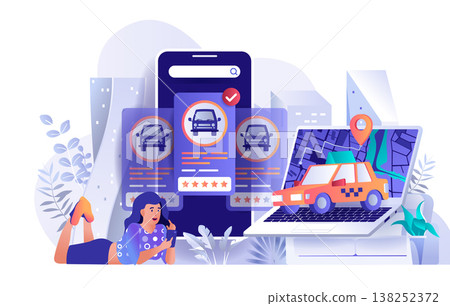 Taxi booking concept in flat design. Woman orders car using mobile application scene template. Passenger transportation at city, map location. Vector illustration of people characters activities Taxi booking concept in flat design. Woman orders car using mobile application scene template. Passenger transportation at city, map location. Vector illustration of people characters activities 138252372