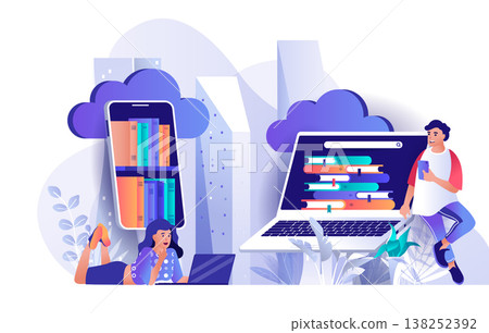 Cloud library concept in flat design. Online library and e-books scene template. Man and woman reading from smartphones, looking for books online. Vector illustration of people characters activities Cloud library concept in flat design. Online library and e-books scene template. Man and woman reading from smartphones, looking for books online. Vector illustration of people characters activities 138252392