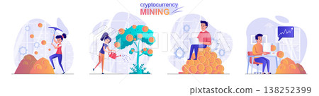 Cryptocurrency mining concept scenes set. Woman and man mine coins, invest in digital money, increase income, profit. Collection of people activities. Vector illustration of characters in flat design Cryptocurrency mining concept scenes set. Woman and man mine coins, invest in digital money, increase income, profit. Collection of people activities. Vector illustration of characters in flat design 138252399