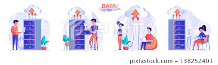 Data center concept scenes set. Engineers work in server room, maintain equipment operation, cloud technology. Collection of people activities. Vector illustration of characters in flat design Data center concept scenes set. Engineers work in server room, maintain equipment operation, cloud technology. Collection of people activities. Vector illustration of characters in flat design 138252401