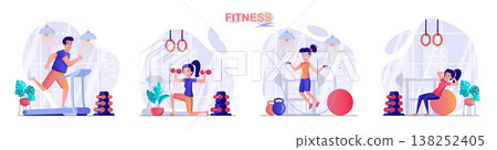 Fitness concept scenes set. Man running on treadmill, woman doing exercises with dumbbells or ball, conducts workout. Collection of people activities. Vector illustration of characters in flat design Fitness concept scenes set. Man running on treadmill, woman doing exercises with dumbbells or ball, conducts workout. Collection of people activities. Vector illustration of characters in flat design 138252405