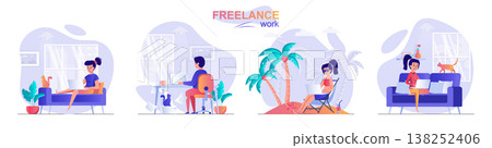 Freelance work concept scenes set. Woman working sitting on sofa or relaxing at resort, man working from home office. Collection of people activities. Vector illustration of characters in flat design Freelance work concept scenes set. Woman working sitting on sofa or relaxing at resort, man working from home office. Collection of people activities. Vector illustration of characters in flat design 138252406
