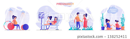 Pregnancy concept scenes set. Pregnant woman exercising with ball or does yoga, walks in park, ultrasound screening. Collection of people activities. Vector illustration of characters in flat design Pregnancy concept scenes set. Pregnant woman exercising with ball or does yoga, walks in park, ultrasound screening. Collection of people activities. Vector illustration of characters in flat design 138252411