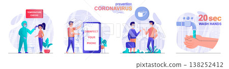Prevention coronavirus concept scenes set. Temperature check, disinfect your phone, wear medical mask, wash hands. Collection of people activities. Vector illustration of characters in flat design Prevention coronavirus concept scenes set. Temperature check, disinfect your phone, wear medical mask, wash hands. Collection of people activities. Vector illustration of characters in flat design 138252412