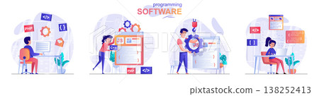 Programming software concept scenes set. Developers create software, different programming languages, test product. Collection of people activities. Vector illustration of characters in flat design 138252413