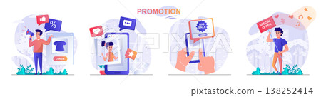 Promotion concept scenes set. Marketer attracts new customers with bonuses, discounts, big sale and special offer. Collection of people activities. Vector illustration of characters in flat design Promotion concept scenes set. Marketer attracts new customers with bonuses, discounts, big sale and special offer. Collection of people activities. Vector illustration of characters in flat design 138252414
