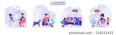 Remote work disadvantage concept scenes set. Child or dog interferes with work, man breaks deadline, woman overworked. Collection of people activities. Vector illustration of characters in flat design Remote work disadvantage concept scenes set. Child or dog interferes with work, man breaks deadline, woman overworked. Collection of people activities. Vector illustration of characters in flat design 138252415
