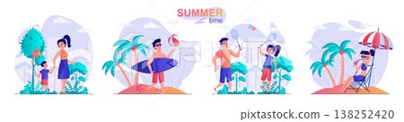Summer time concept scenes set. Mom walking with son, man surfing, woman resting on beach, couple playing tennis. Collection of people activities. Vector illustration of characters in flat design Summer time concept scenes set. Mom walking with son, man surfing, woman resting on beach, couple playing tennis. Collection of people activities. Vector illustration of characters in flat design 138252420