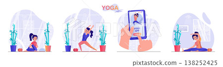 Yoga concept scenes set. Woman doing asanas, using mobile app for training, exercising at home or in gym, wellness. Collection of people activities. Vector illustration of characters in flat design Yoga concept scenes set. Woman doing asanas, using mobile app for training, exercising at home or in gym, wellness. Collection of people activities. Vector illustration of characters in flat design 138252425