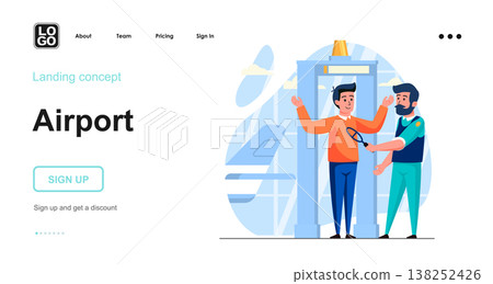 Airport web concept. Passenger checking at security metal detector gate before boarding plane. Template of people scenes. Vector illustration with character activities in flat design for website Airport web concept. Passenger checking at security metal detector gate before boarding plane. Template of people scenes. Vector illustration with character activities in flat design for website 138252426