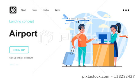 Airport web concept. Passenger check in registration at terminal counter before boarding plane. Template of people scenes. Vector illustration with character activities in flat design for website Airport web concept. Passenger check in registration at terminal counter before boarding plane. Template of people scenes. Vector illustration with character activities in flat design for website 138252427