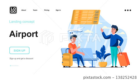Airport web concept. Travelling passengers with luggage wait in waiting room before boarding plane. Template of people scenes. Vector illustration with character activities in flat design for website Airport web concept. Travelling passengers with luggage wait in waiting room before boarding plane. Template of people scenes. Vector illustration with character activities in flat design for website 138252428