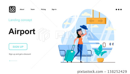 Airport web concept. Travelling woman with luggage wait in waiting room before boarding plane. Template of people scenes. Vector illustration with character activities in flat design for website Airport web concept. Travelling woman with luggage wait in waiting room before boarding plane. Template of people scenes. Vector illustration with character activities in flat design for website 138252429