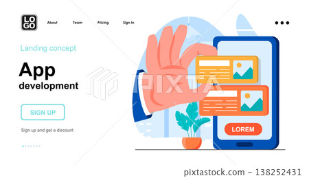 App development web concept. Developer creates application interface, develops smartphone software. Template of people scenes. Vector illustration with character activities in flat design for website 138252431