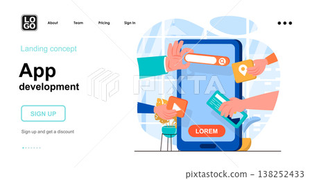 App development web concept. Developers create application interface, menu and service buttons. Template of people scenes. Vector illustration with character activities in flat design for website App development web concept. Developers create application interface, menu and service buttons. Template of people scenes. Vector illustration with character activities in flat design for website 138252433