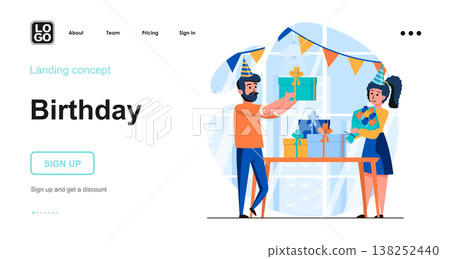 Birthday web concept. Couple celebrating holiday party, many gift boxes and festive decoration. Template of people scenes. Vector illustration with character activities in flat design for website Birthday web concept. Couple celebrating holiday party, many gift boxes and festive decoration. Template of people scenes. Vector illustration with character activities in flat design for website 138252440