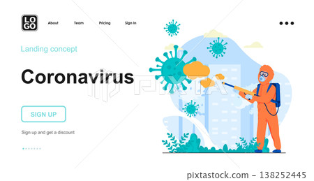 Coronavirus web concept. Medic in protective suit fights disinfection spray with viral infection. Template of people scenes. Vector illustration with character activities in flat design for website Coronavirus web concept. Medic in protective suit fights disinfection spray with viral infection. Template of people scenes. Vector illustration with character activities in flat design for website 138252445