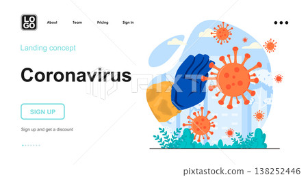 Coronavirus web concept. Medic hand fights with viral infection, stop spread of disease bacterium. Template of people scenes. Vector illustration with character activities in flat design for website Coronavirus web concept. Medic hand fights with viral infection, stop spread of disease bacterium. Template of people scenes. Vector illustration with character activities in flat design for website 138252446